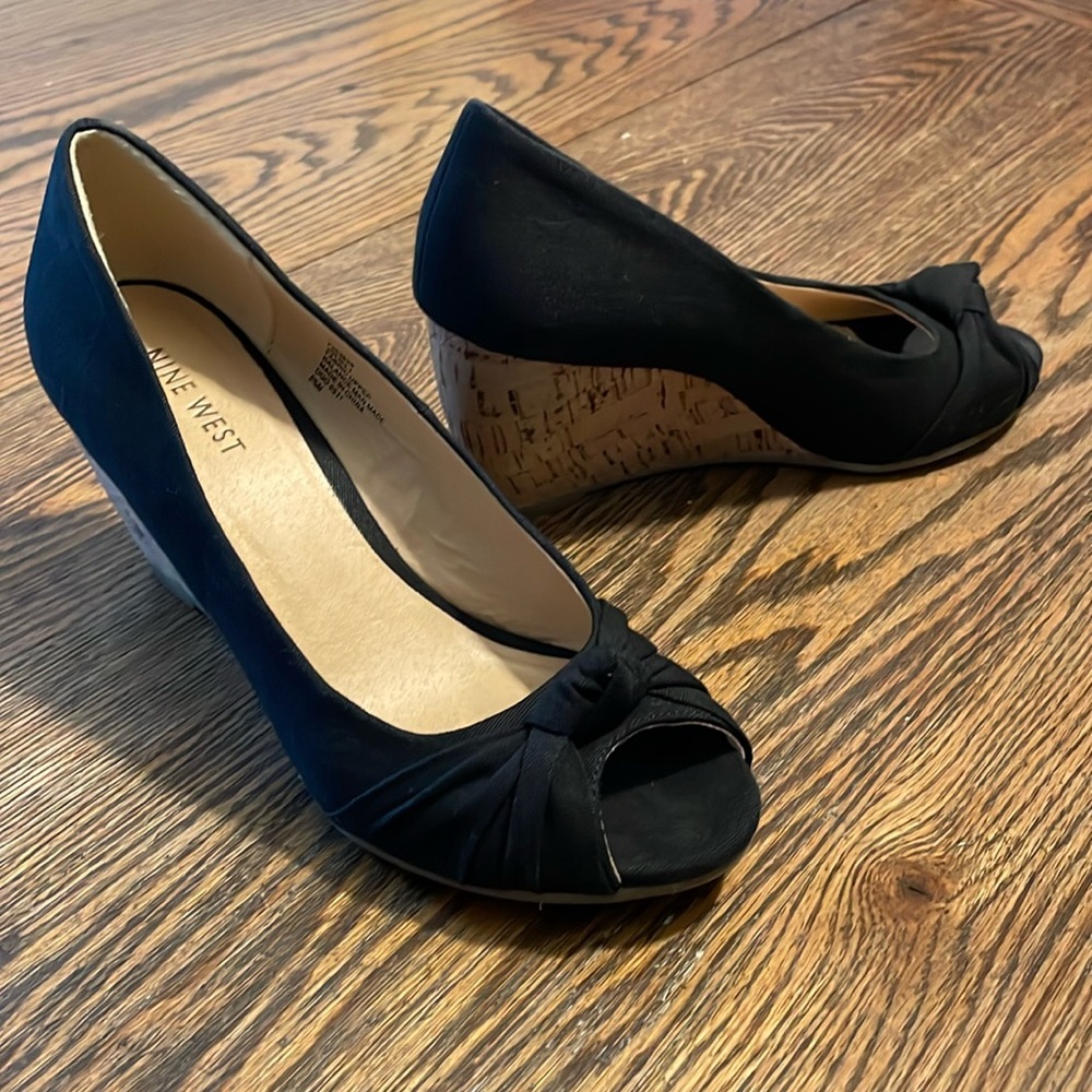 Nine West peep toe black wedge heels